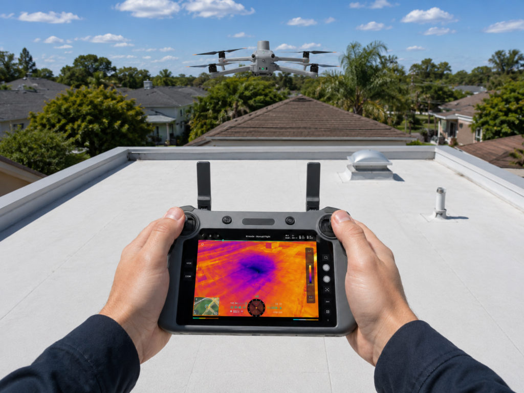 DJI Matrice 4T thermal drone used for aerial roof inspections and infrared moisture detection.