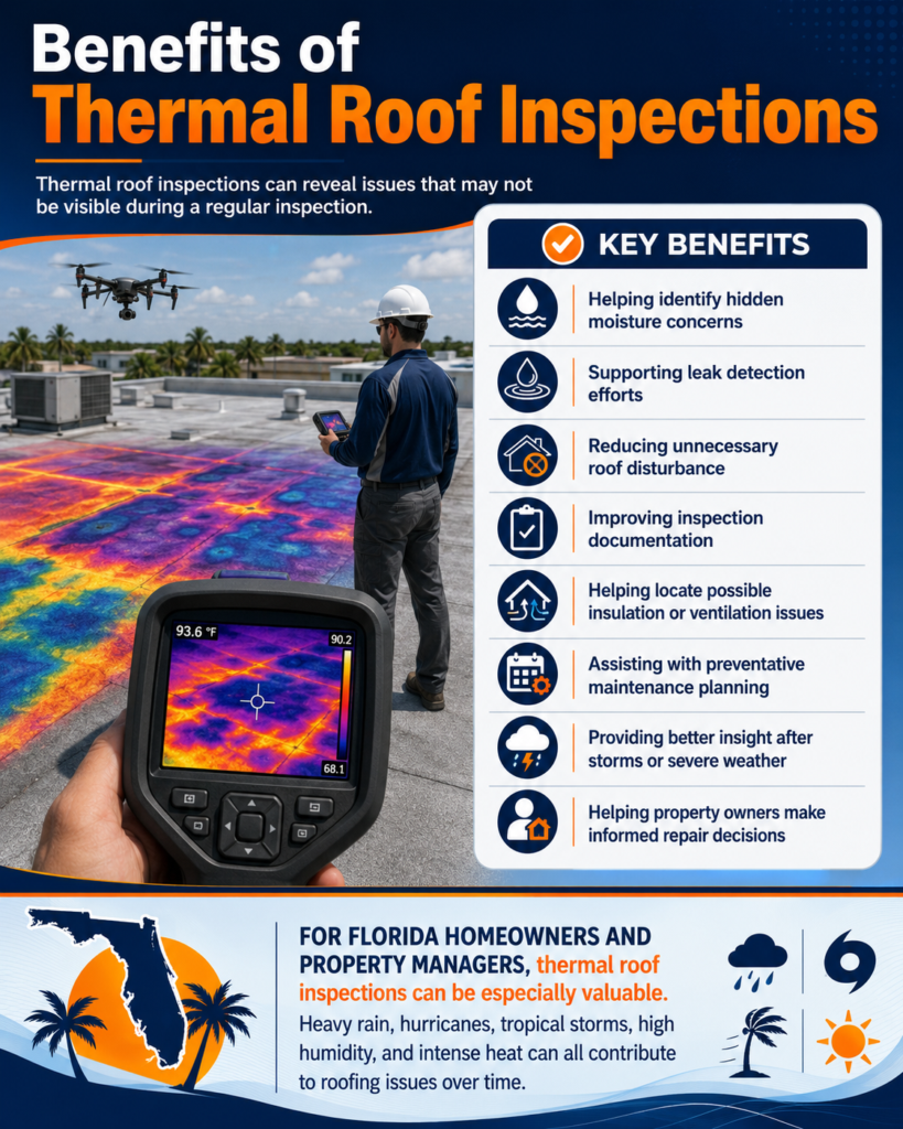 Benefits of a thermal roof inspection for identifying possible hidden moisture, roof leaks, and areas of concern.