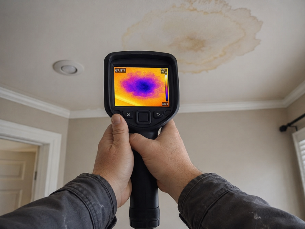 Certified thermographer using a thermal camera during an interior inspection to help detect possible hidden moisture.