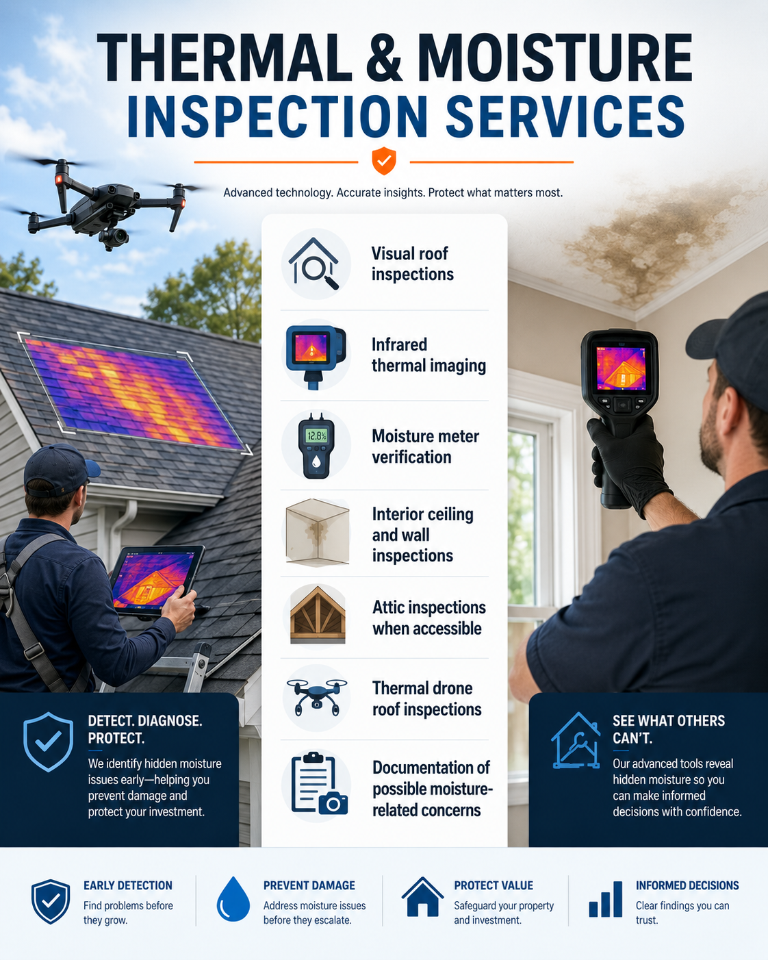 Moisture inspection services using thermal imaging and moisture meters to help detect possible roof leaks.
